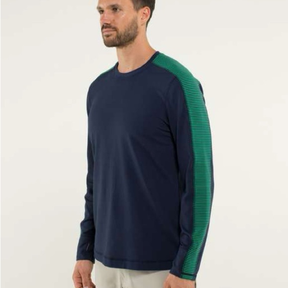 Lululemon Metal Vent Tech Long Sleeve Shirt Navy Blue Green Stripe Size S/M - Picture 2 of 11